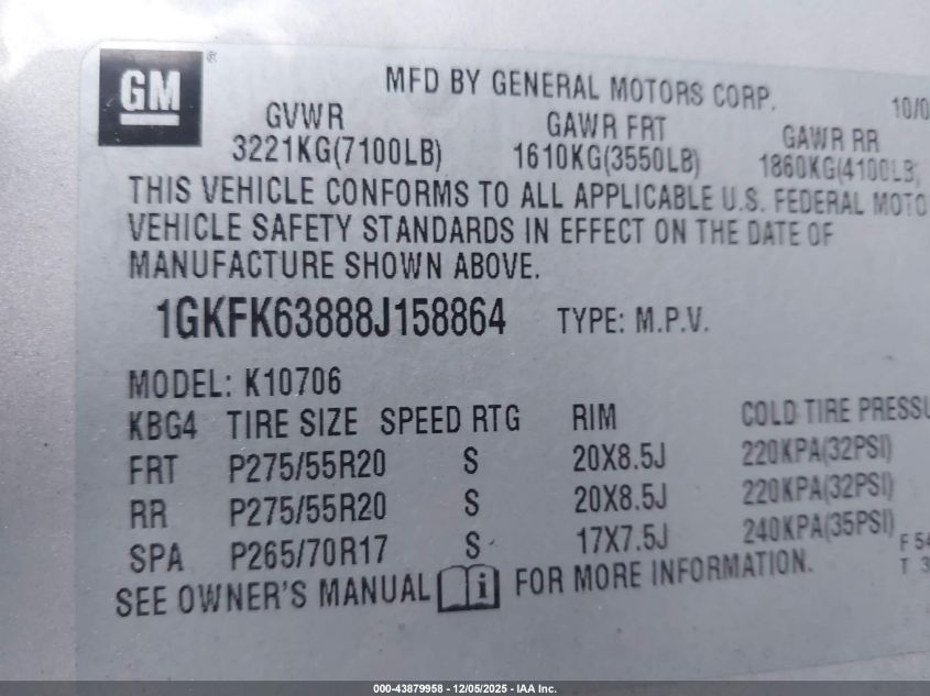 2008 GMC Yukon Denali VIN: 1GKFK63888J158864 Lot: 43879958