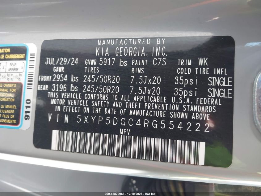 2024 Kia Telluride Sx Prestige X-Line VIN: 5XYP5DGC4RG554222 Lot: 43879968