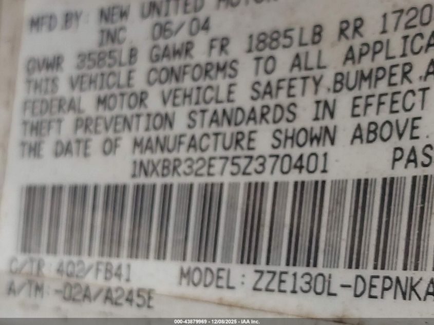 2005 Toyota Corolla Le VIN: 1NXBR32E75Z370401 Lot: 43879969