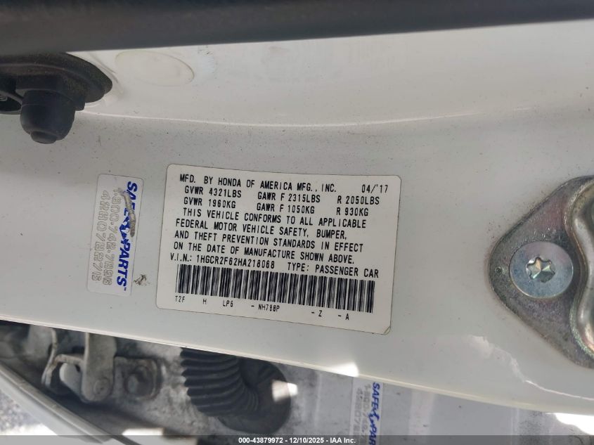 2017 Honda Accord Sport VIN: 1HGCR2F62HA218068 Lot: 43879972