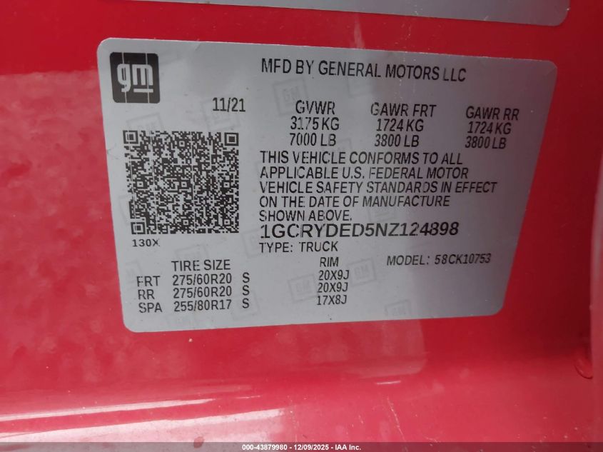 2022 Chevrolet Silverado 1500 Ltd Lt VIN: 1GCRYDED5NZ124898 Lot: 43879980