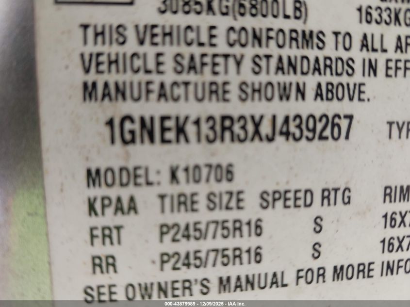 1999 Chevrolet Tahoe Ls VIN: 1GNEK13R3XJ439267 Lot: 43879989