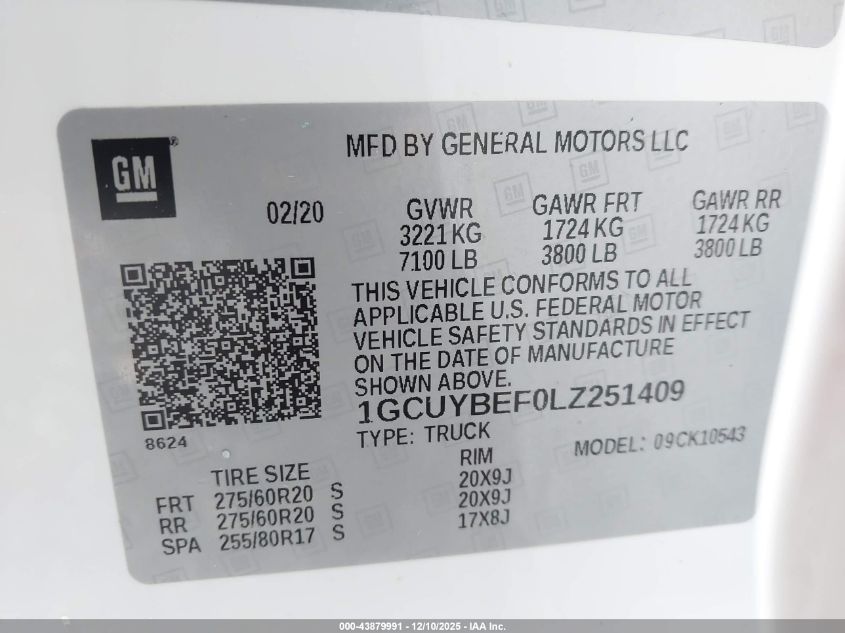 2020 Chevrolet Silverado 1500 4Wd Short Bed Custom VIN: 1GCUYBEF0LZ251409 Lot: 43879991