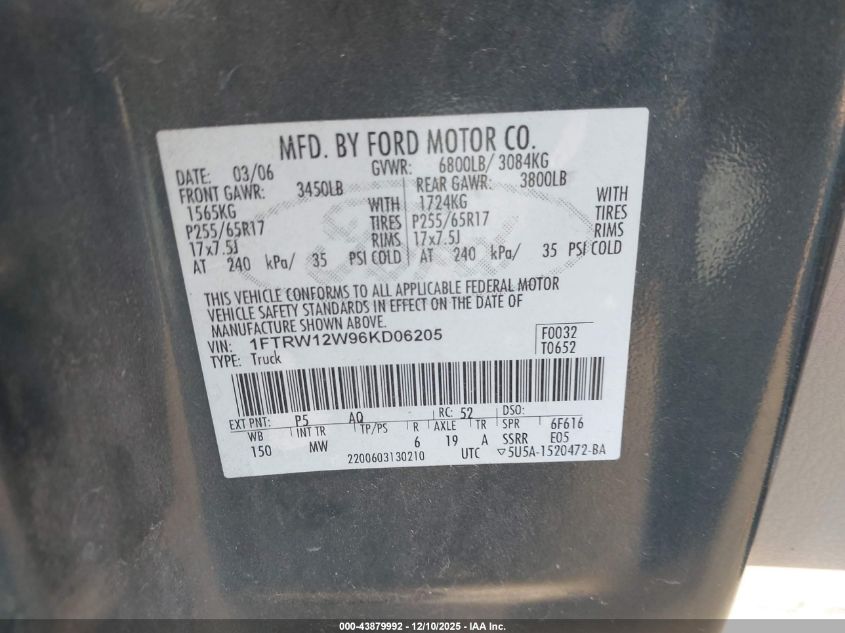 2006 Ford F-150 Xlt VIN: 1FTRW12W96KD06205 Lot: 43879992