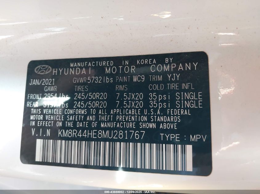 2021 Hyundai Palisade Sel VIN: KM8R44HE8MU281767 Lot: 43880002