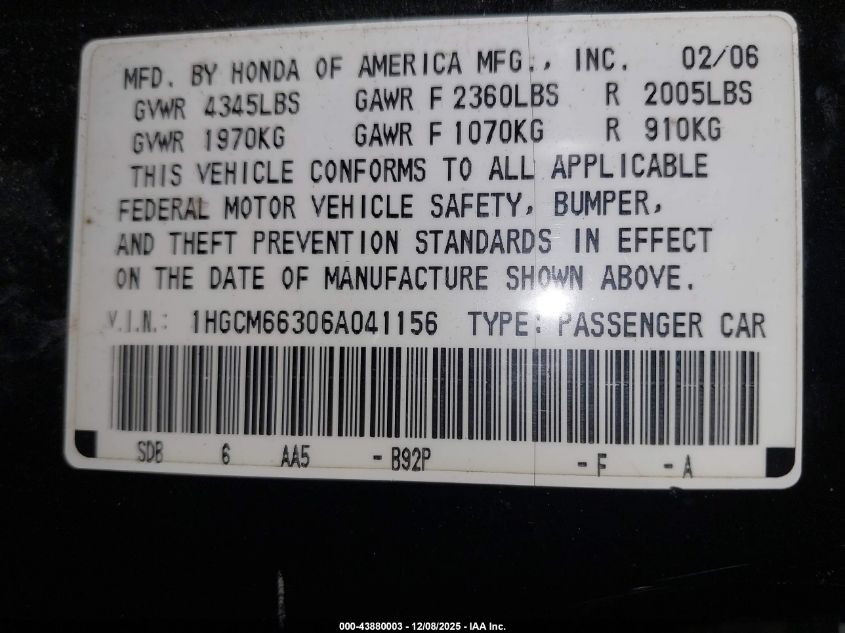 2006 Honda Accord 3.0 Lx VIN: 1HGCM66306A041156 Lot: 43880003
