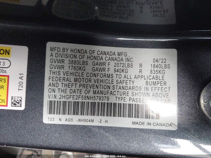 2022 Honda Civic Sport VIN: 2HGFE2F58NH579379 Lot: 43880004
