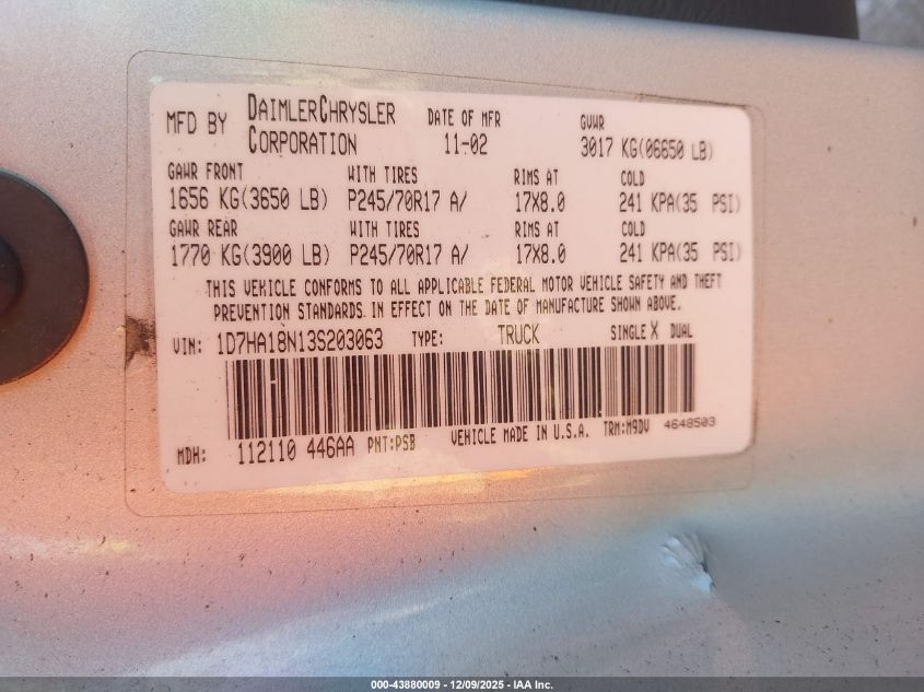 2003 Dodge Ram 1500 Slt/Laramie/St VIN: 1D7HA18N13S203063 Lot: 43880009