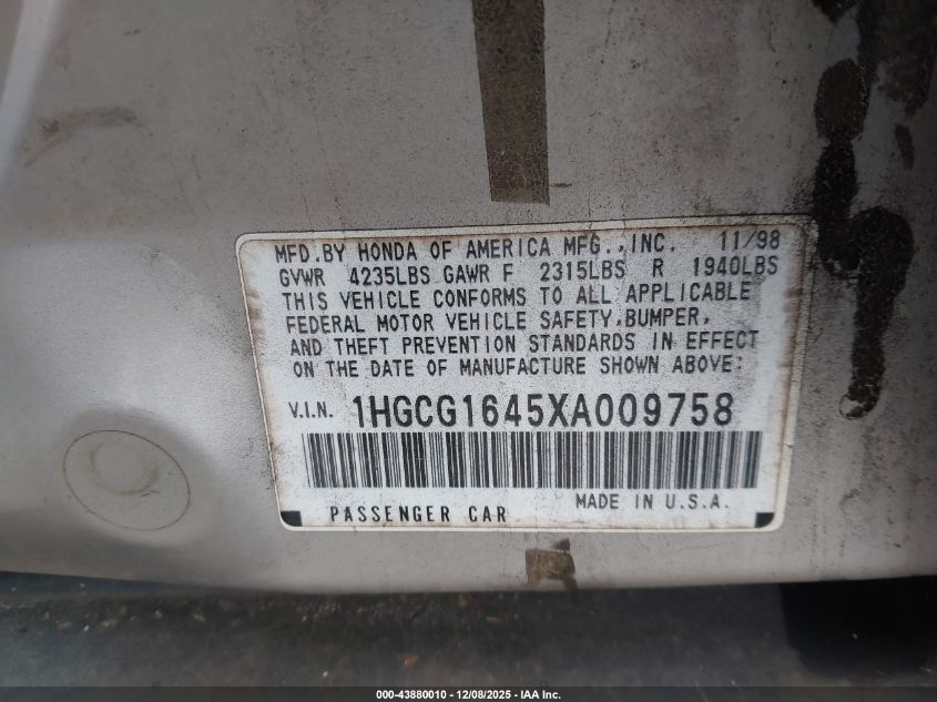 1999 Honda Accord Lx V6 VIN: 1HGCG1645XA009758 Lot: 43880010
