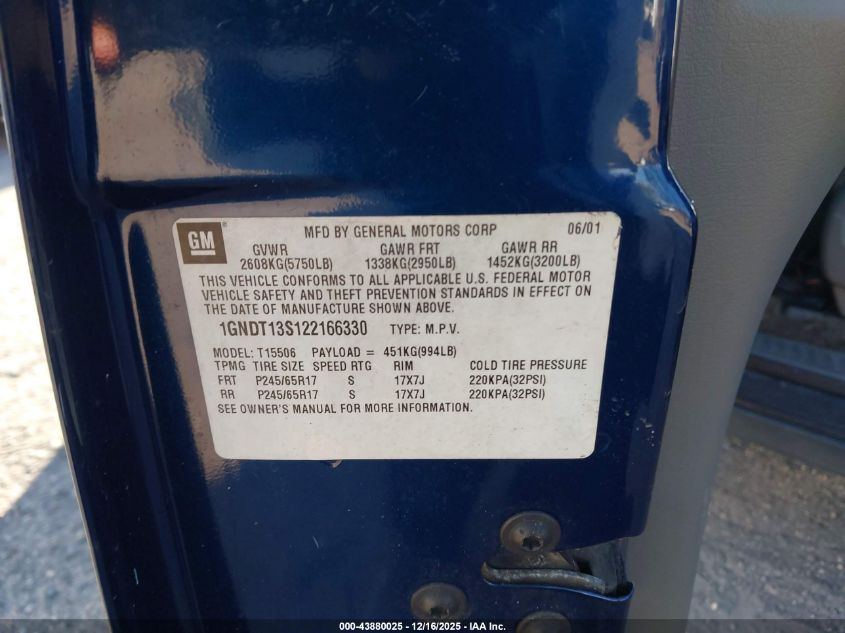 2002 Chevrolet Trailblazer Ltz VIN: 1GNDT13S122166330 Lot: 43880025