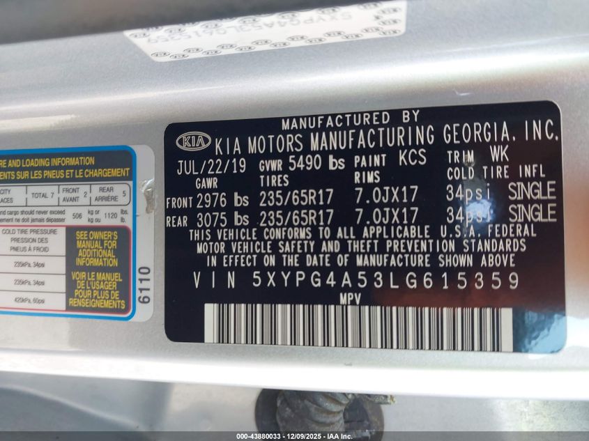 2020 Kia Sorento 3.3L Lx VIN: 5XYPG4A53LG615359 Lot: 43880033