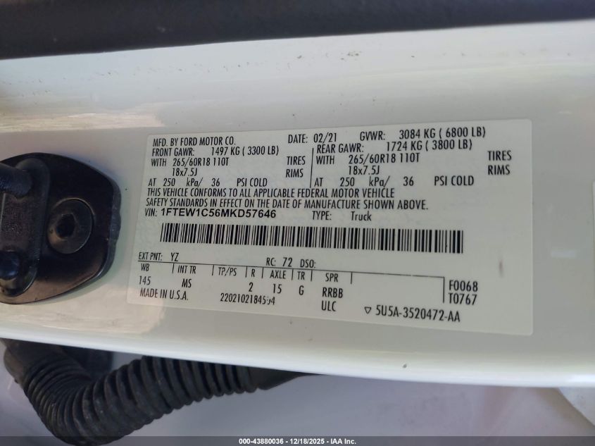 2021 Ford F-150 Xlt VIN: 1FTEW1C56MKD57646 Lot: 43880036