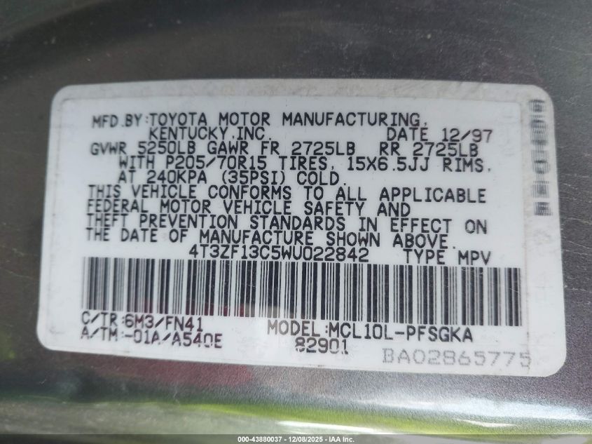 1998 Toyota Sienna Le VIN: 4T3ZF13C5WU022842 Lot: 43880037