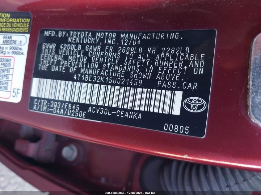 2005 Toyota Camry Le VIN: 4T1BE32K95U021459 Lot: 43880043