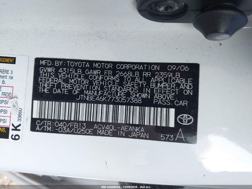 2007 Toyota Camry Le VIN: JTNBE46K773057388 Lot: 43880044