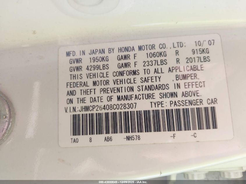 2008 Honda Accord 2.4 Lx-P VIN: JHMCP26408C028307 Lot: 43880049