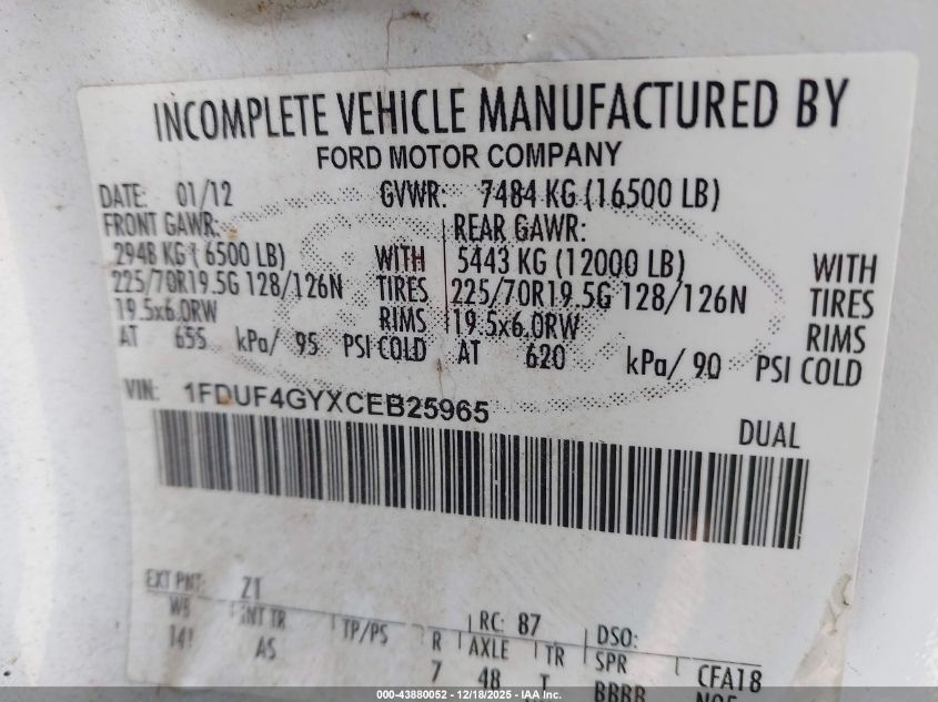 2012 Ford F-450 Chassis Xl VIN: 1FDUF4GYXCEB25965 Lot: 43880052