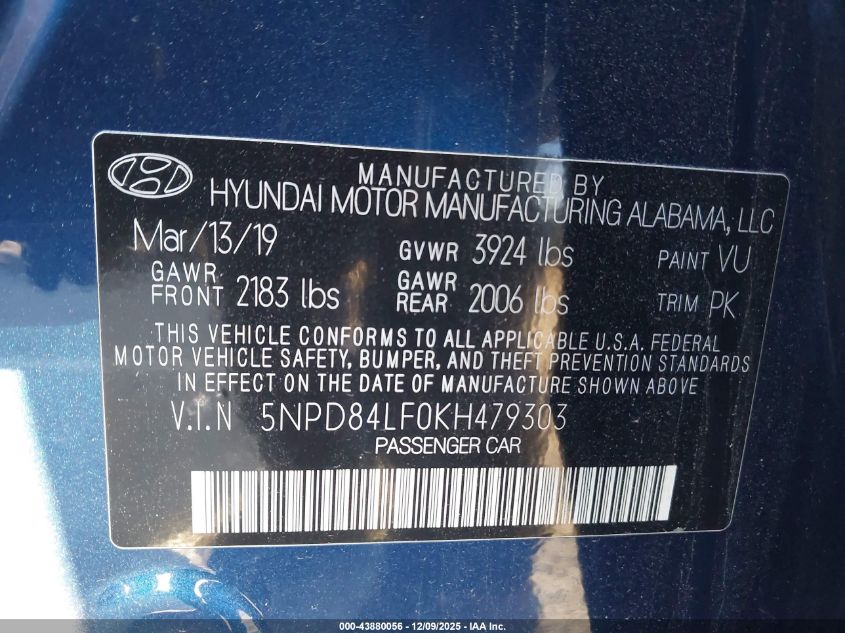 2019 Hyundai Elantra Sel VIN: 5NPD84LF0KH479303 Lot: 43880056