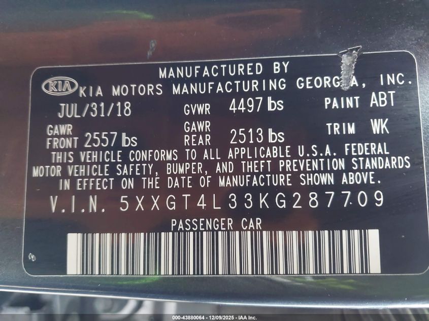 2019 Kia Optima Lx VIN: 5XXGT4L33KG287709 Lot: 43880064