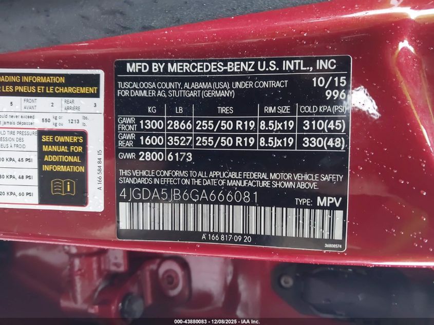 2016 Mercedes-Benz Gle 350 VIN: 4JGDA5JB6GA666081 Lot: 43880083