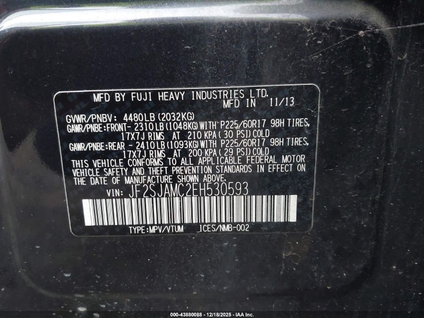 2014 Subaru Forester 2.5I Touring VIN: JF2SJAMC2EH530593 Lot: 43880088