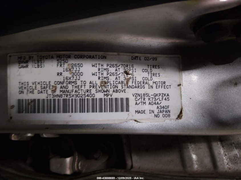 1999 Toyota 4Runner Limited V6 VIN: JT3HN87R5X9025400 Lot: 43880089