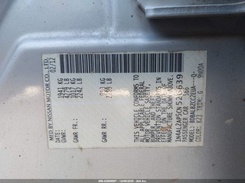 2012 Nissan Altima 2.5 S VIN: 1N4AL2AP5CN526639 Lot: 43880097