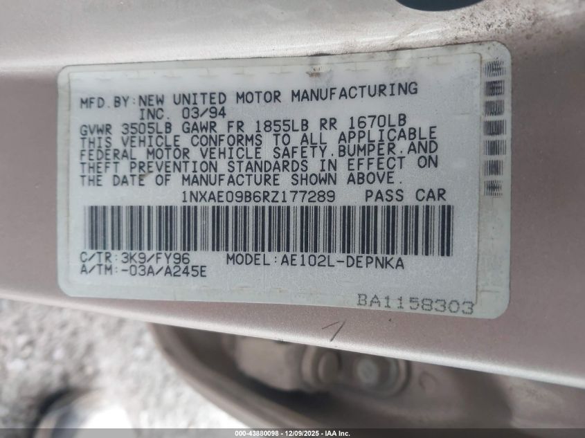 1994 Toyota Corolla Le/Dx VIN: 1NXAE09B6RZ177289 Lot: 43880098