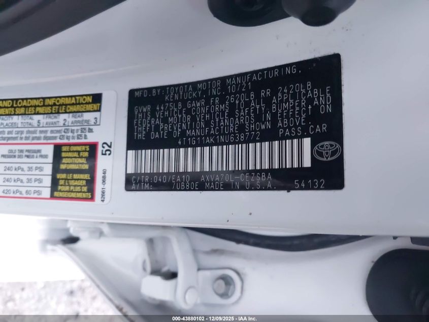 2022 Toyota Camry Se VIN: 4T1G11AK1NU638772 Lot: 43880102