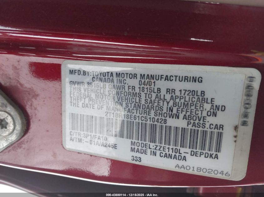 2001 Toyota Corolla Le VIN: 2T1BR18E61C510428 Lot: 43880114