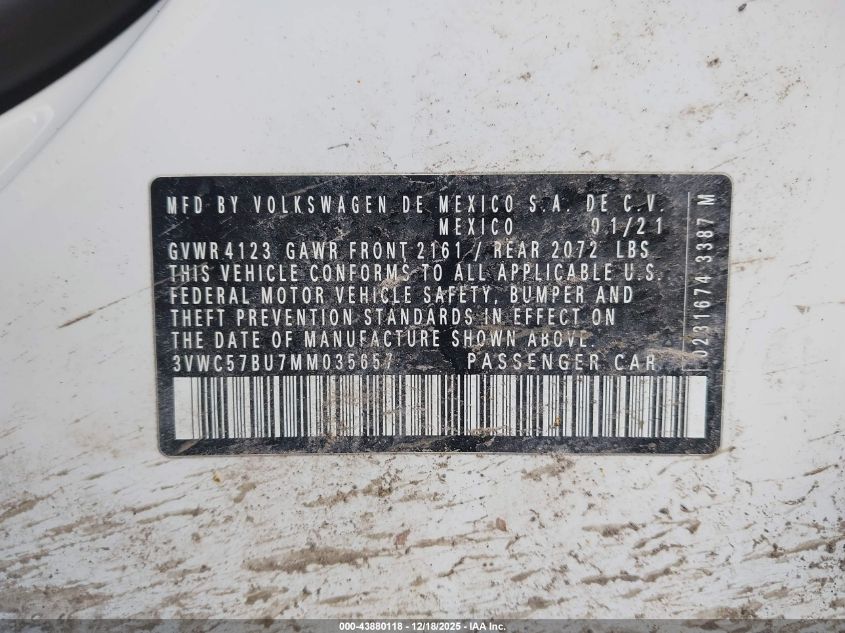 2021 Volkswagen Jetta S/Se/R-Line VIN: 3VWC57BU7MM035657 Lot: 43880118