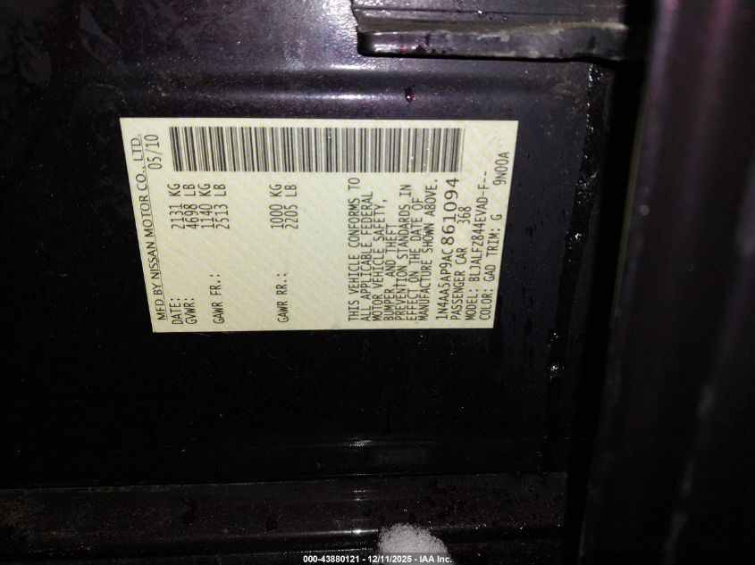 2010 Nissan Maxima 3.5 Sv VIN: 1N4AA5AP9AC861094 Lot: 43880121