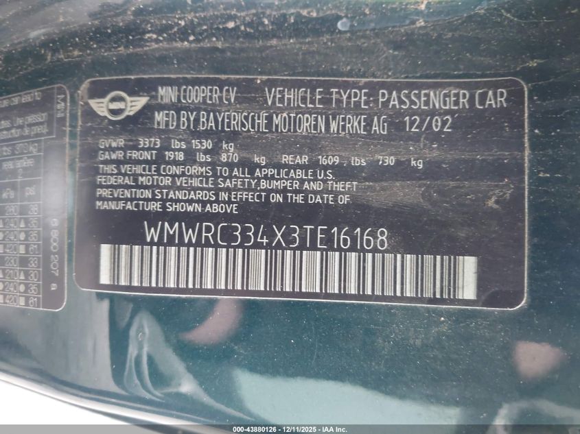 2003 Mini Cooper VIN: WMWRC334X3EE16168 Lot: 43880126