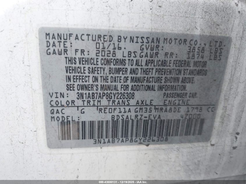 2016 Nissan Sentra Sr VIN: 3N1AB7AP8GY226308 Lot: 43880131