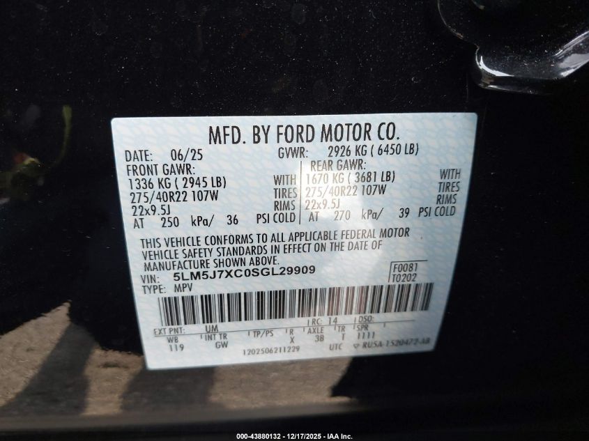 2025 Lincoln Aviator Reserve VIN: 5LM5J7XC0SGL29909 Lot: 43880132