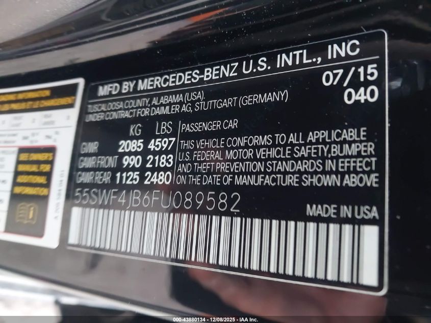 2015 Mercedes-Benz C 300 Sport VIN: 55SWF4JB6FU089582 Lot: 43880134