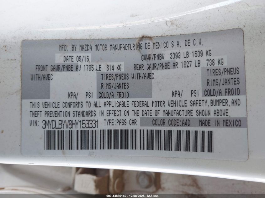 2017 Toyota Yaris Ia VIN: 3MYDLBYV8HY153331 Lot: 43880140