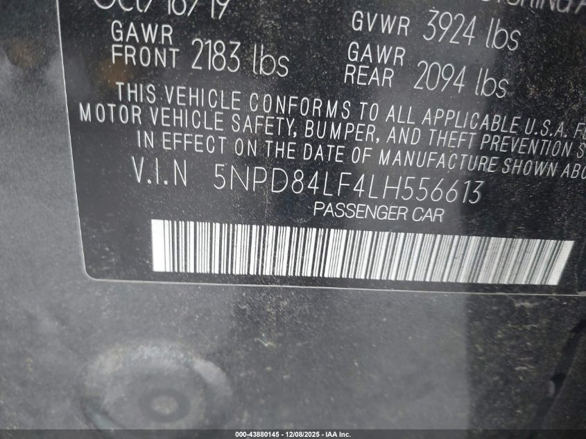 2020 Hyundai Elantra Sel VIN: 5NPD84LF4LH556613 Lot: 43880145