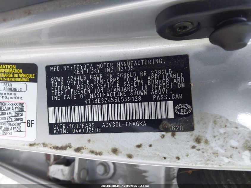 2005 Toyota Camry Xle VIN: 4T1BE32K55U559128 Lot: 43880149