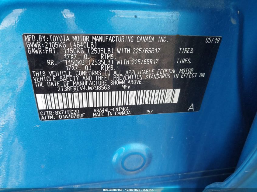 2018 Toyota Rav4 Xle VIN: 2T3RFREV4JW798563 Lot: 43880150