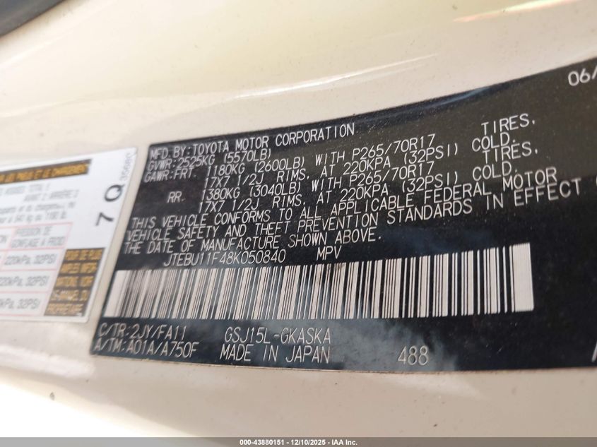 2008 Toyota Fj Cruiser VIN: JTEBU11F48K050840 Lot: 43880151