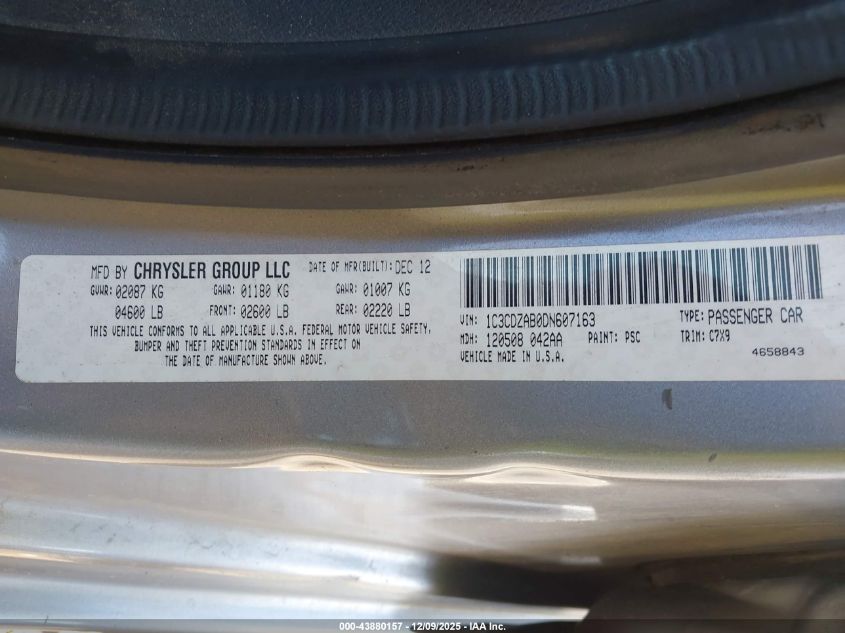 2013 Dodge Avenger Se VIN: 1C3CDZAB0DN607163 Lot: 43880157