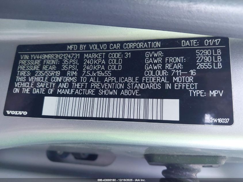 2017 Volvo Xc60 T6 Dynamic VIN: YV449MRR3H2124731 Lot: 43880160