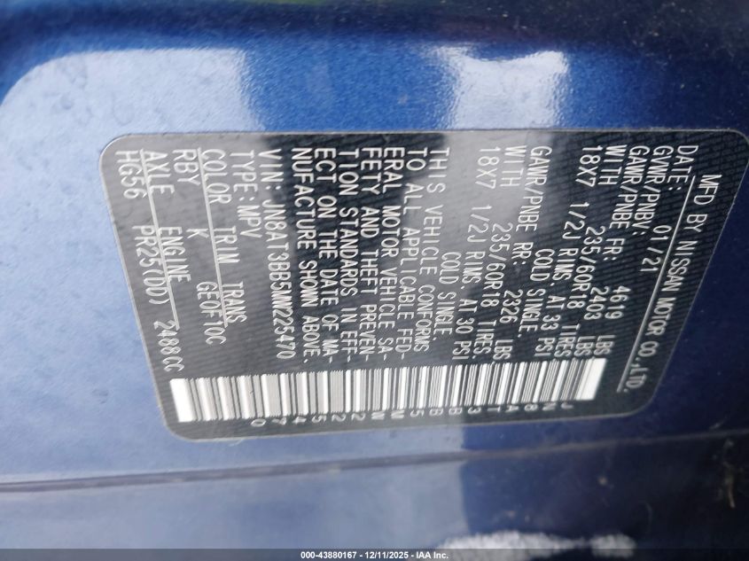 2021 Nissan Rogue Sv Intelligent Awd VIN: JN8AT3BB5MW225470 Lot: 43880167