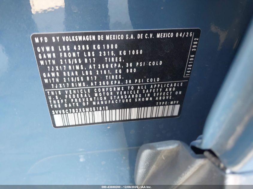 2025 Volkswagen Taos 1.5T S VIN: 3VV5C7B2XSM051818 Lot: 43880200