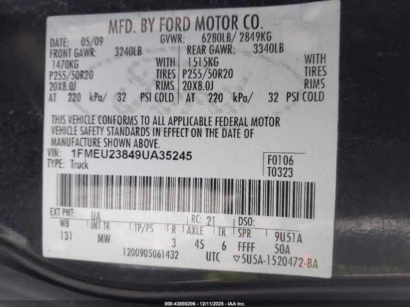 2009 Ford Explorer Sport Trac Limited VIN: 1FMEU23849UA35245 Lot: 43880206