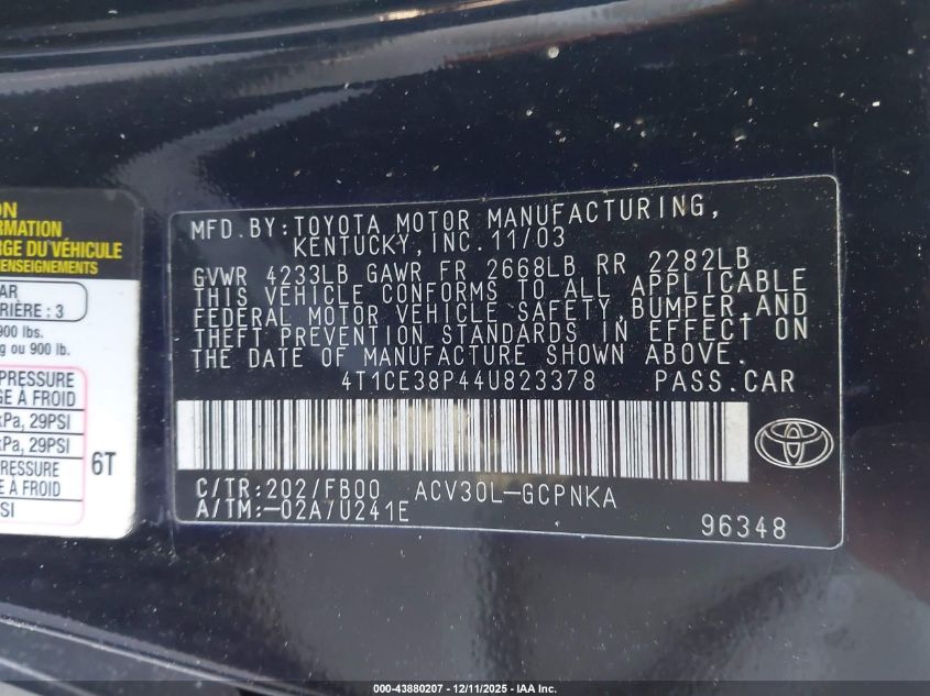 2004 Toyota Camry Solara Se VIN: 4T1CE38P44U823378 Lot: 44013763