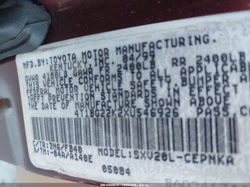 1999 Toyota Camry Le VIN: 4T1BG22K2XU546926 Lot: 43880210