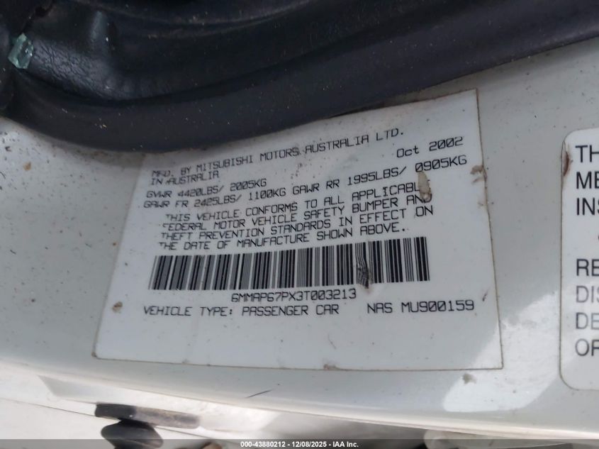 2003 Mitsubishi Diamante Ls VIN: 6MMAP67PX3T003213 Lot: 43880212