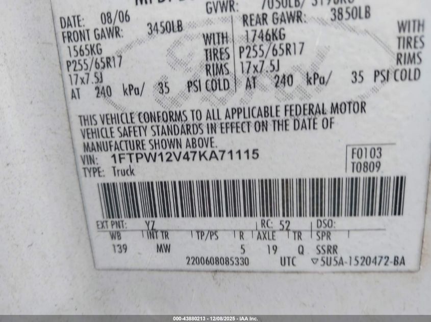 2007 Ford F-150 Lariat/Xlt VIN: 1FTPW12V47KA71115 Lot: 43880213